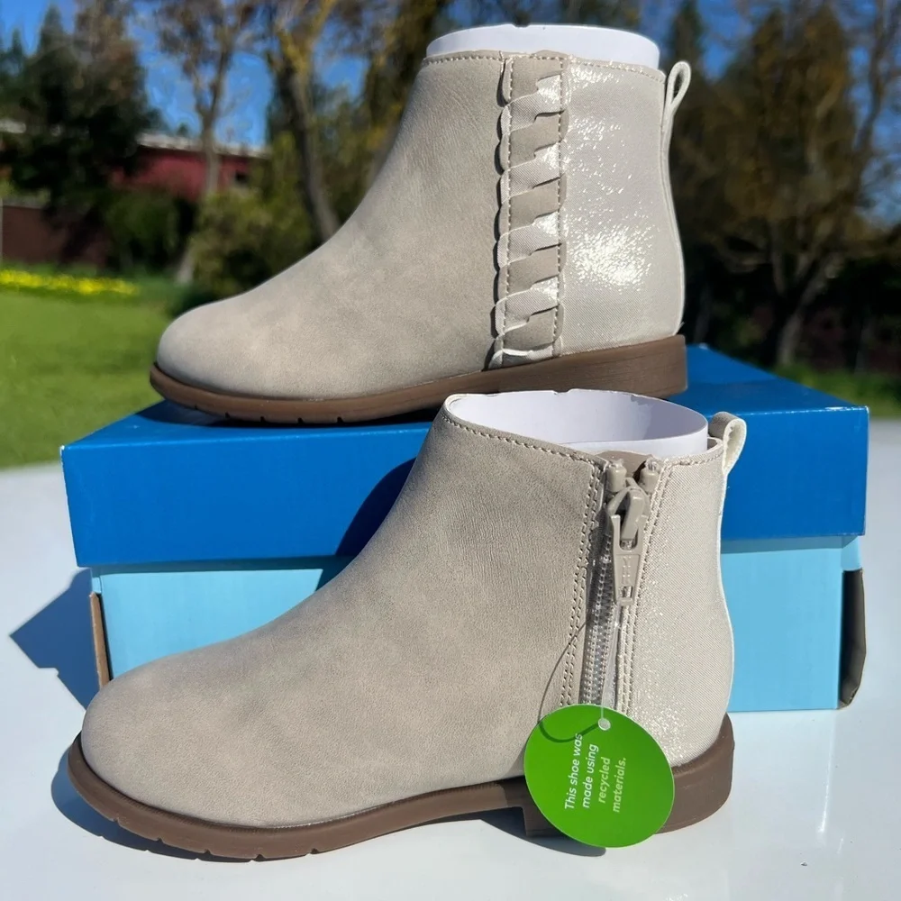 Little Girls Beige Side-Zip Ankle Boots with Braided Accent